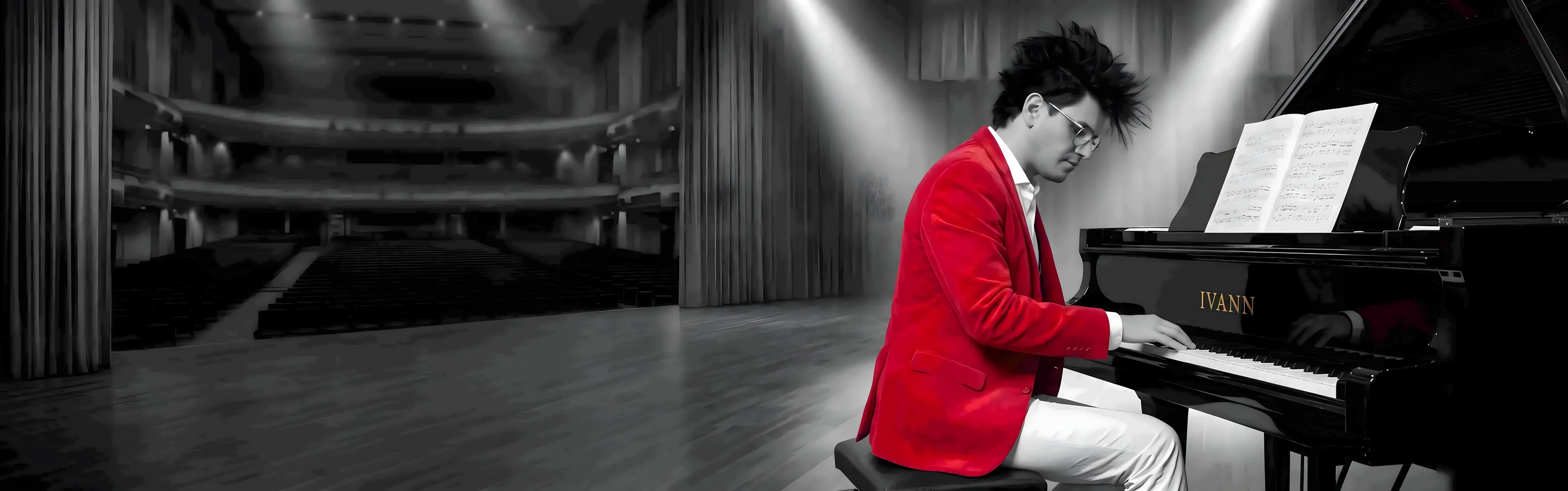 Ivann at the grand piano, red blazer, in a black-and-white theater